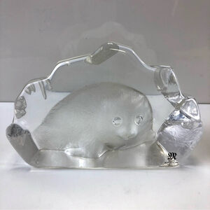 Mats Jonasson seal etched glass signed crystal paperweight Swedish clear frosted